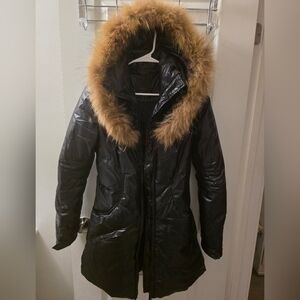 RUDSAK Glossy Black Puffer Jacket with Brown Fur Hood